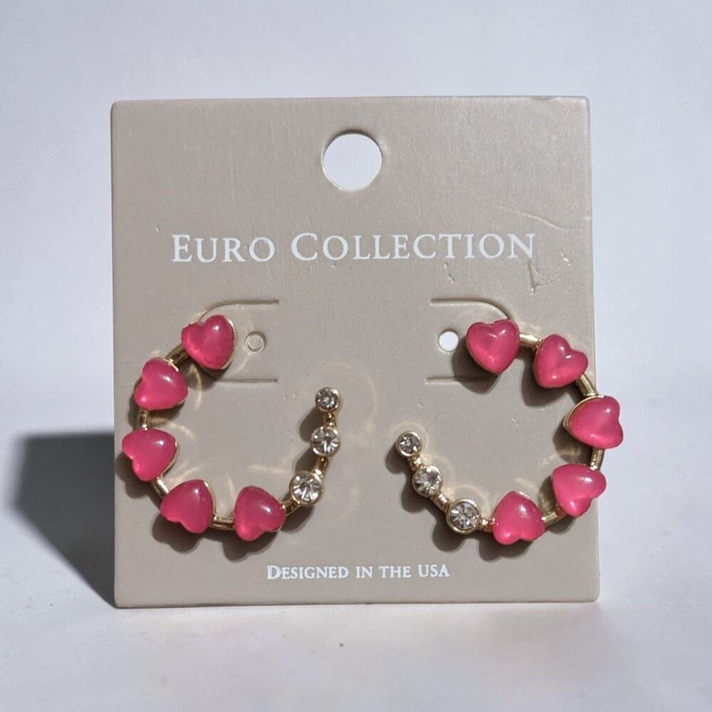 Pink Heart Hoop Earrings, Gold Tone Heart Earrings, Coquette, Girly, Y2K Jewelry - Picture 2 of 5